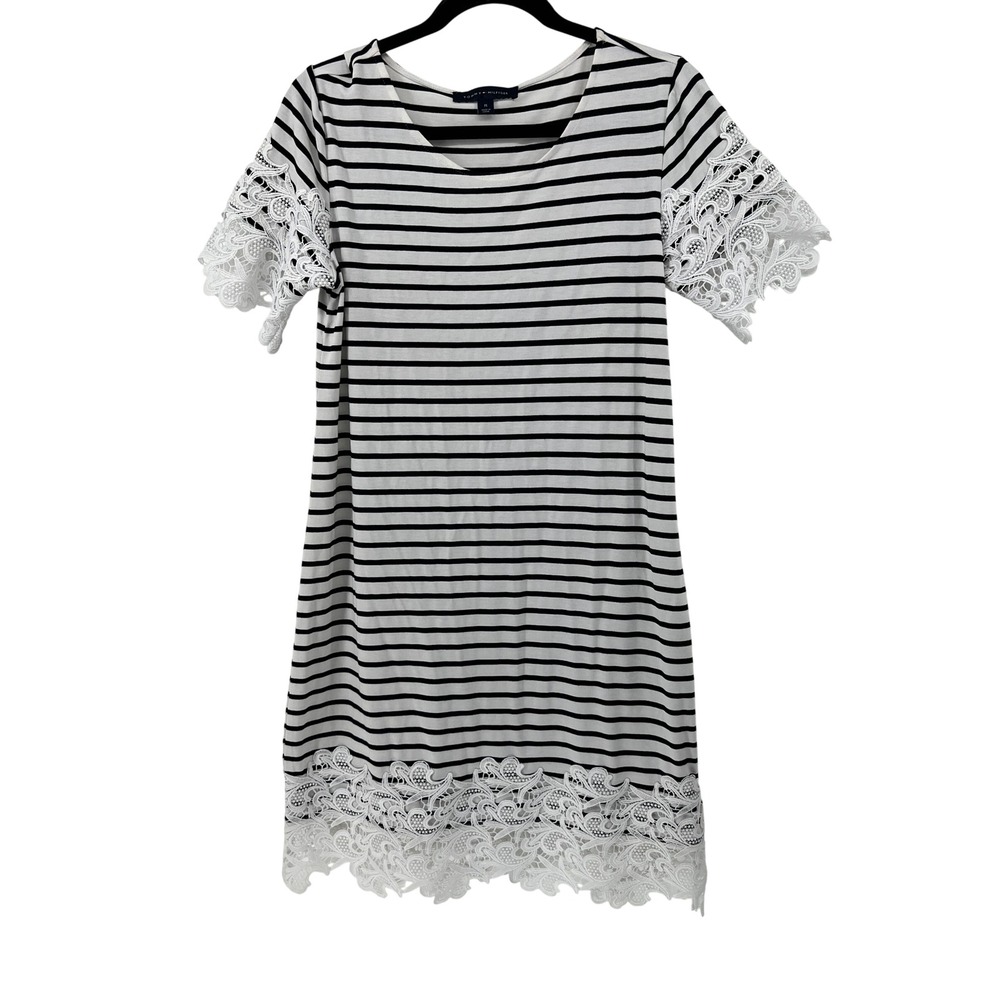 Tommy Hilfiger Womens Striped Lace Trim T-Shirt Dress Navy White Short Sleeve M